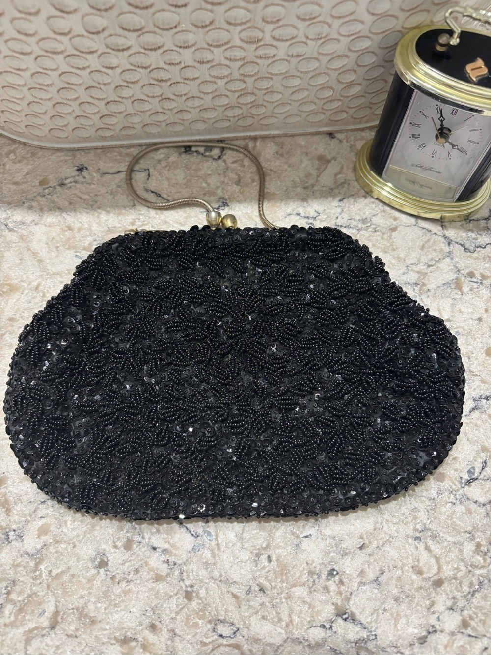 Vintage Black Beaded Evening Clutch with Gold Chain - Picture 3 of 10